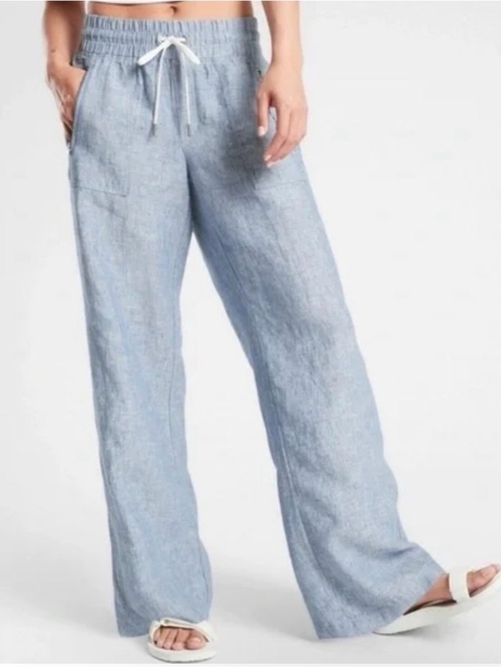 Athleta Cabo Linen Wide Leg Pants Chambray Blue Size 12 New Without Tags